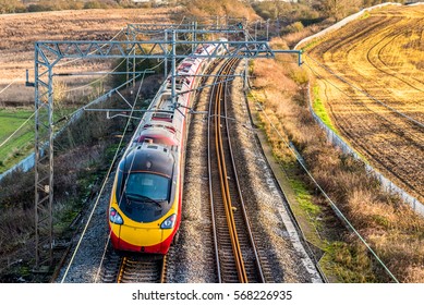 Day View Of UK Railroad In England. Railway Landscape.