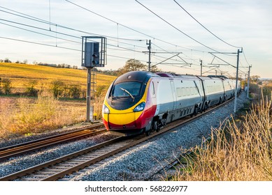 Day View Of UK Railroad In England. Railway Landscape.