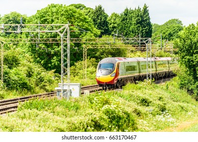 Day View Of UK Railroad In England. Railway Landscape