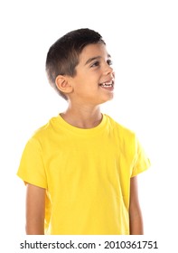 Daydreaming boy looking up isolated on a white background