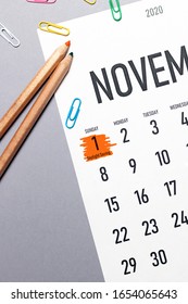 Daylight Saving Day Marked On November 2020 Calendar With Office Supplies