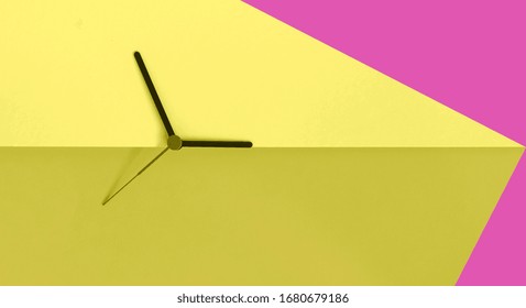 Daylight Saving Time Concept. Clock Hands On The Yellow Magenta Colour Block Background. Spring Time Change Concept. Copy Space. 