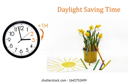 Daylight Saving Time (DST). Blue sky with white clouds and clock. Turn time forward (+1h).