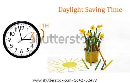 Daylight Saving Time (DST). Blue sky with white clouds and clock. Turn time forward (+1h).