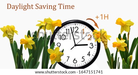 Daylight Saving Time (DST). Blue sky with white clouds and clock. Turn time forward (+1h).