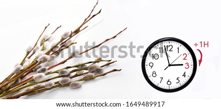 Daylight Saving Time (DST). Blue sky with white clouds and clock. Turn time forward (+1h).