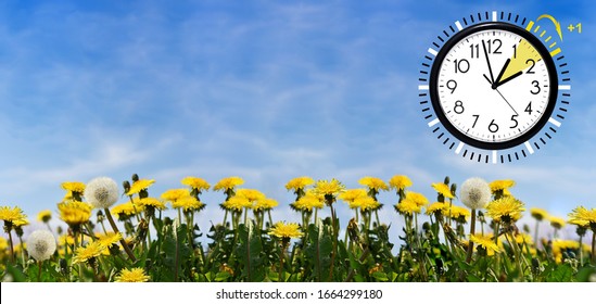 Daylight Saving Time (DST) Wall Clock On Spring Landscape. Turn Time Forward. Abstract Photo Of Changing Time At Spring.