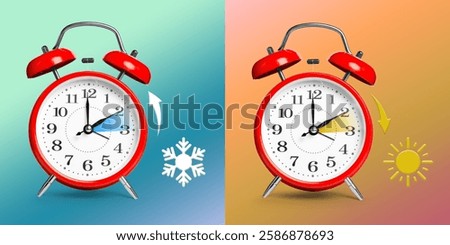 Daylight saving time. Red alarm clocks on color background, collage. Highlighted areas and arrows showing time change by one hour forward and back