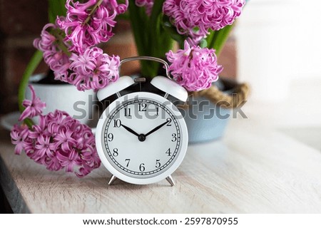 Daylight spring saving time concept. white alarm clock changing from winter to summer time. Turn time forward. Pink fresh springtime flowers hyacinth on background. Home gardening, leisure, hobby