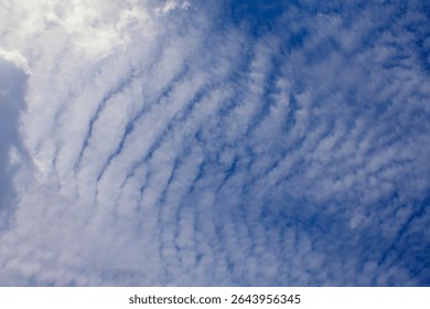Daylight view of altocumulus cloud formations drifting across a vivid blue sky, offering calm visual appeal for skies, weather, or travel imagery