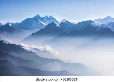 Daylight view of Mount Everest, Lhotse and Nuptse and the rest of Himalayan range from air. Sagarmatha National Park, Khumbu valley, Nepal.