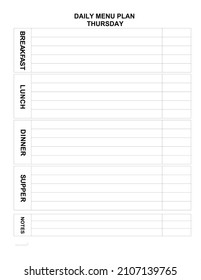 Dayly Menu Plan For Every Day. Family Menu For Today. Minimalist List. Homemaker Help. Dining Room Menu. Comfortable Empty Blank For Kitchen. List To Fill In. Thursday Meal. Blank For Printing. 