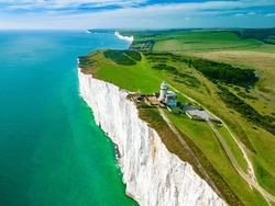 A Daytime Aerial Drone View Of The Seven Sisters Cliffs On The East Sussex Coast, UK