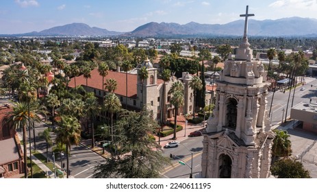 Daytime aerial view of historic downtown Riverside, California, USA.