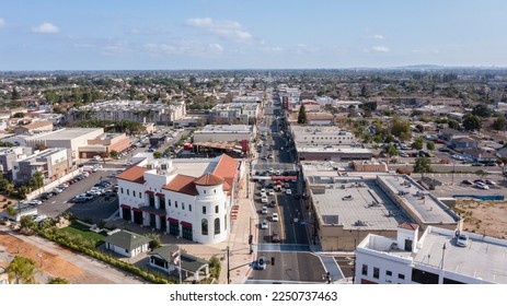 Daytime aerial view of the historic urban core of downtown Bellflower, California, USA.