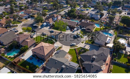 Daytime aerial view of a neighborhood in Fontana, California.