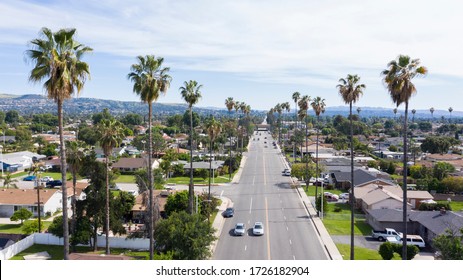 Daytime aerial view of the urban center of West Covina, California.