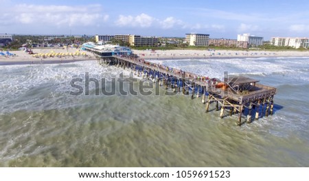 Daytime Cocoa Beach Pier aerial view, Cape Canaveral, Florida