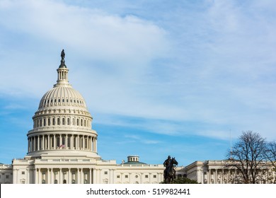 Daytime Landscape US Capitol Building Washington DC Grass Blue Sky