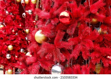 Daytime Outdoor Christmas Decoration, Golden Silver Red Round Balls, Red Background