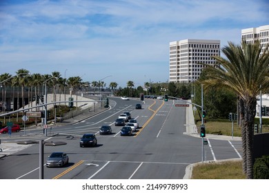 Daytime Palm Framed View Of The Orange County Downtown Skyline Of Irvine, California, USA.