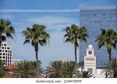 Daytime Palm Framed View Of The Orange County Downtown Skyline Of Irvine, California, USA.