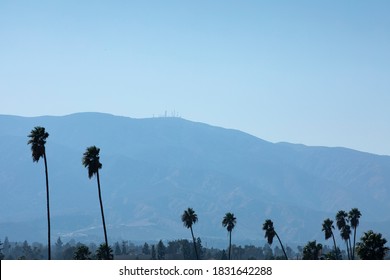 Daytime Palm Lined View Of The Santa Ana Mountains From Corona, California, USA.