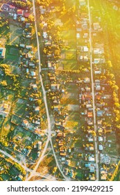 Daytime. Residential Houses. Small European City. Aerial View Of Town Village Cityscape Skyline In Summer Sunny Morning. Residential Areas.