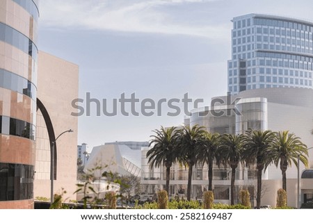 Daytime tree framed view of the downtown buildings of the skyline of Costa Mesa, California, USA.