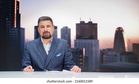 Daytime TV Talk Show Live News Program: Charismatic Male Anchor Presenter Reporting. Television Cable Channel Anchorman Host Talks. Network Broadcast Newsroom Studio Mockup.