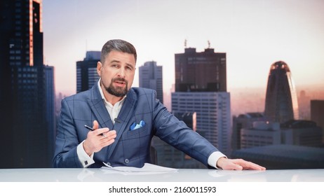 Daytime TV Talk Show Live News Program: Male Anchor Presenter Reporting, Showing Gesture. Television Cable Channel Anchorman Host Talks. Network Broadcast Newsroom Studio Mockup.