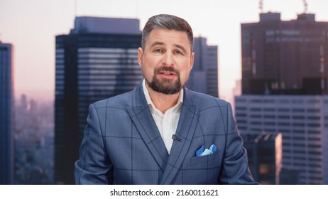 Daytime TV Talk Show Live News Program: Charismatic Male Anchor Presenter Reporting. Television Cable Channel Anchorman Host Talks. Network Broadcast Newsroom Studio Mockup.