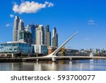 Daytime view at the waterfront in Puerto Madero with the Puente de la Mujer, Buenos Aires, Argentina.