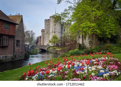 Daytime view of the Westgate Towers from the River Stour, Canterbury, Kent, England