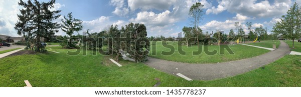 Dayton, OH- May 27, 2019: Aftermath of\
Memorial Day Tornados in Beavercreek. Panoramic pictures of\
aftermath in park at the site of the storm. Debris everywhere,\
trees down. Damage is\
widespread.