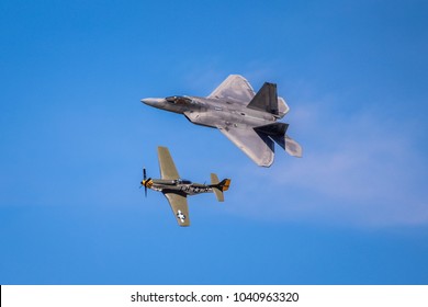 Dayton, Ohio - June 18th, 2016: F22 Raptor And P51 Mustang Heritage Flight - Dayton Air Show 