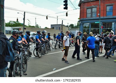 Dayton, Ohio United States 05/30/2020 police and SWAT officers controlling the crowd at a black lives matter protest