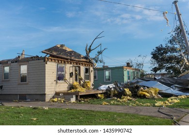 Dayton, Ohio, USA May 29, 2019: Tornado Aftermath With Debris Scattered In Neighborhood