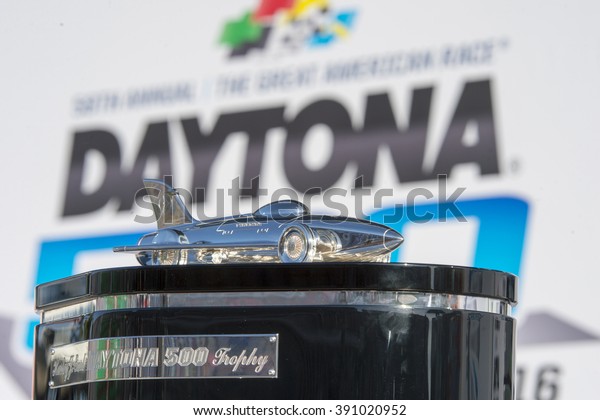 Daytona Beach, FL - Feb 21, 2016:
The trophy waits in victory lane during the Daytona 500 weekend at
the Daytona International Speedway in Daytona Beach,
FL.

