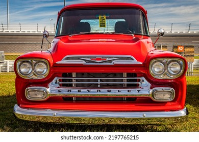 Daytona Beach, FL - November 24, 2018: Low Perspective Front View Of A Chevrolet Task Force Apache 31 Pickup Truck At A Local Car Show.