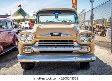 Daytona Beach, FL - November 24, 2018: Low Perspective Front View Of A 1958 Chevrolet Task Force Apache 31 Pickup Truck At A Local Car Show.