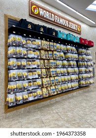 Daytona Beach, Florida - 2021: Buc-ee's Convenience Store And Gas Station. Display Of World Famous Jerky. Over 20 Different Kinds Of Buc-ee's Brand Beef Jerky Packaged And For Sale. 