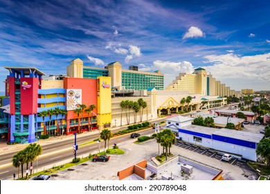 DAYTONA BEACH, FLORIDA - JANUARY 3, 2015: Hotels Line Downtown Daytona Beach At Night. The City Is A Popular Beachfront Destination.