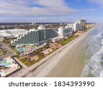 Daytona Beach Hilton and oceanfront aerial view in a cloudy day, Daytona Beach, Florida FL, USA. 