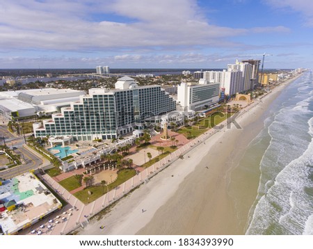 Daytona Beach Hilton and oceanfront aerial view in a cloudy day, Daytona Beach, Florida FL, USA. 