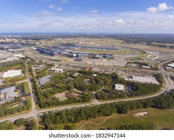 Daytona Beach International Speedway And City Landscape Aerial View, Daytona Beach, Florida FL, USA. It Is The Home For NASCAR Daytona 500.