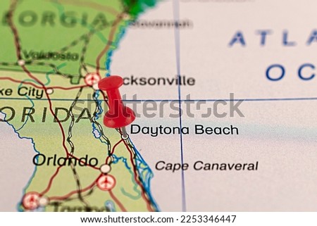 Daytona Beach map. Daytona Beach pin map. Close up of Daytona Beach map with red pin. Map with red pin point of Daytona Beach in USA, Florida.