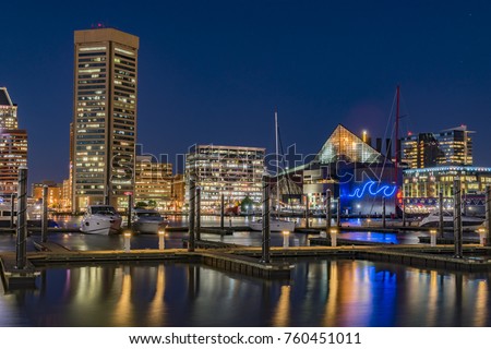 Dazzling Night Cityscape of Baltimore Inner Harbor with National Aquarium