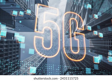 A dazzling visual of 5G wireless network technology with holographic elements integrating with a city's architecture, symbolizing advanced connectivity