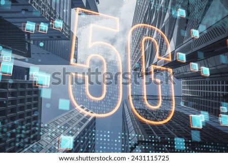 A dazzling visual of 5G wireless network technology with holographic elements integrating with a city's architecture, symbolizing advanced connectivity